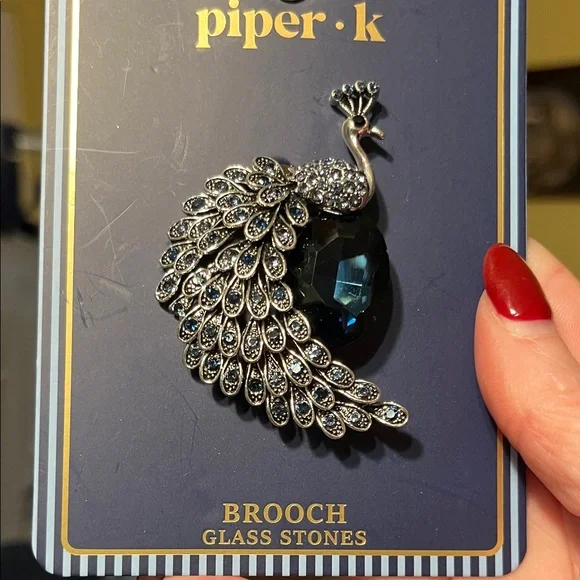 New Piper K Sapphire Blue Glass Stone and Silver Peacock Brooch - Picture 6 of 8
